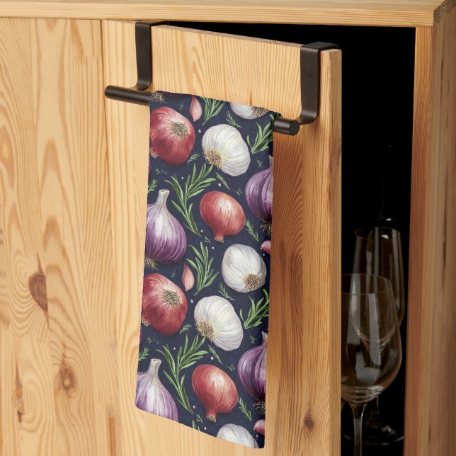 Modern onion pattern black tea towel (Thirds Fold)