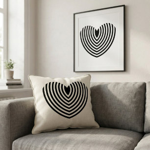 Modern Op Art Concentric Black and White Heart Decorative Cushion