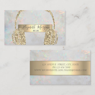 Modern Opal Holographic Gold Glitter Headphone DJ Business Card