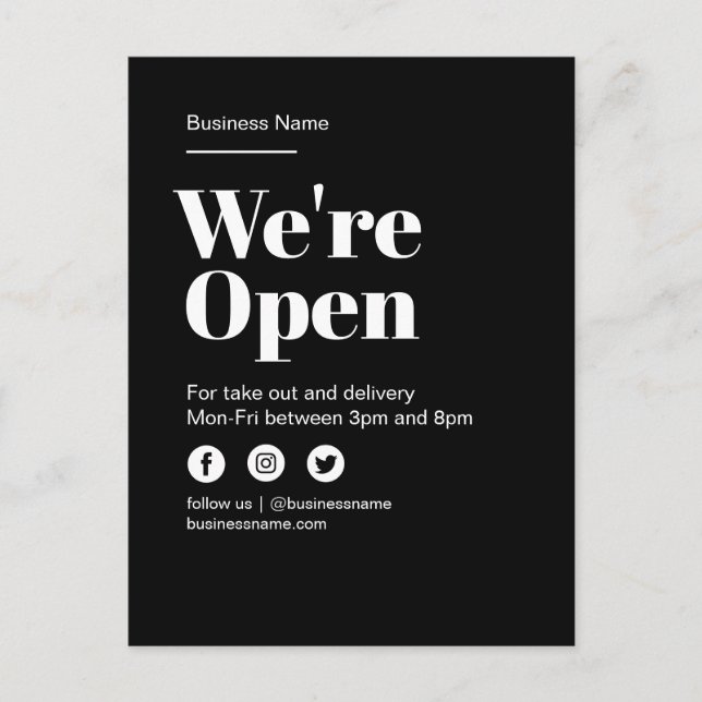 Modern Open For Business Take Out Delivery Black Announcement Postcard (Front)