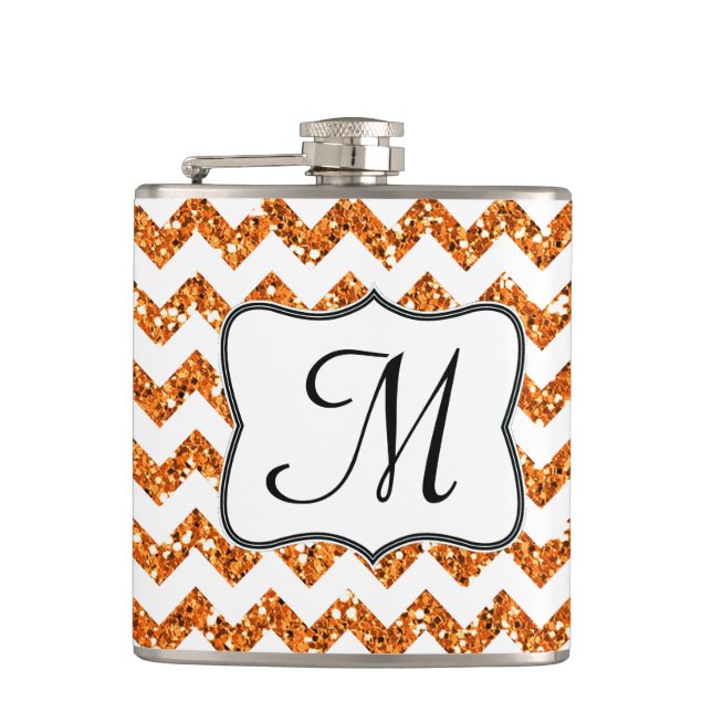 Modern Oran Glitter Chevron Monogram Whiskey Flask (Front)