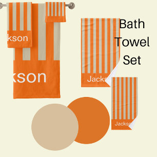 Modern orange and beige striped bath towel set