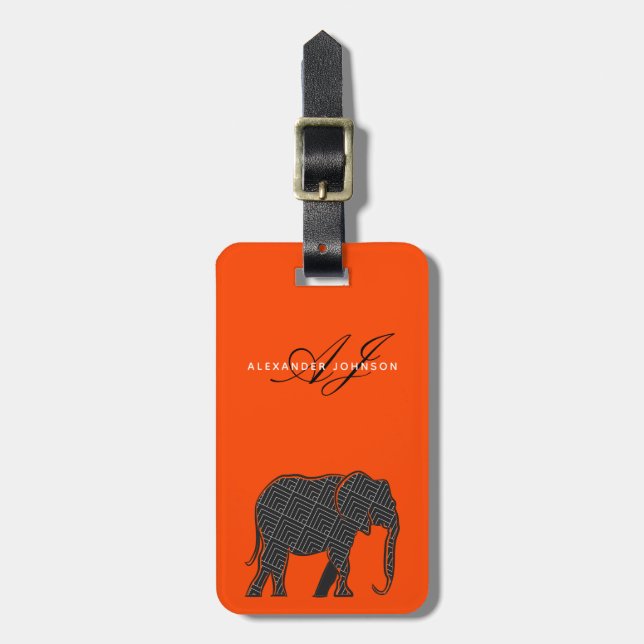 Modern Orange and Black Monogram Luggage Tag (Front Vertical)