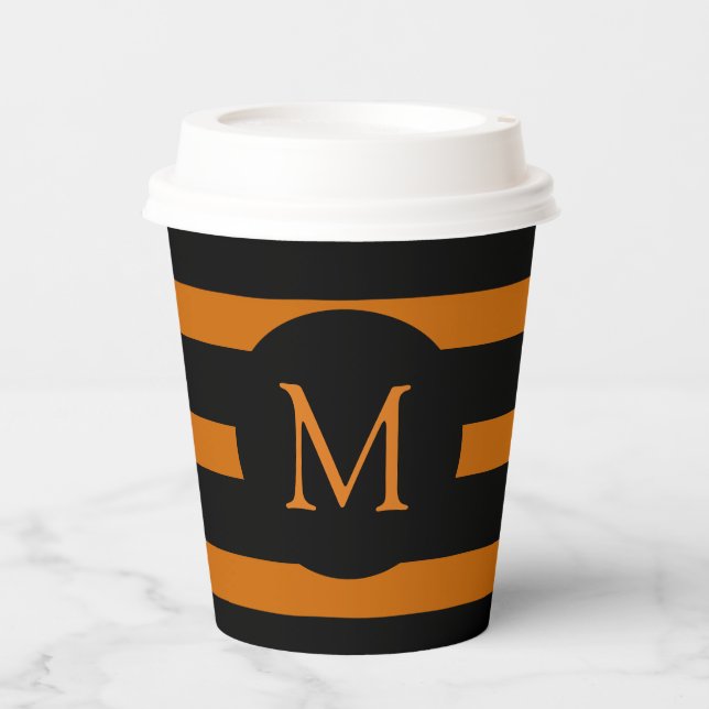 Modern Orange and Black Stripes Monogram Paper Cups (Front)