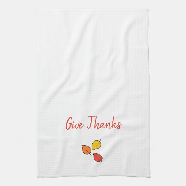 Modern Orange and Gold Leaves Give Thanks Tea Towel (Vertical)