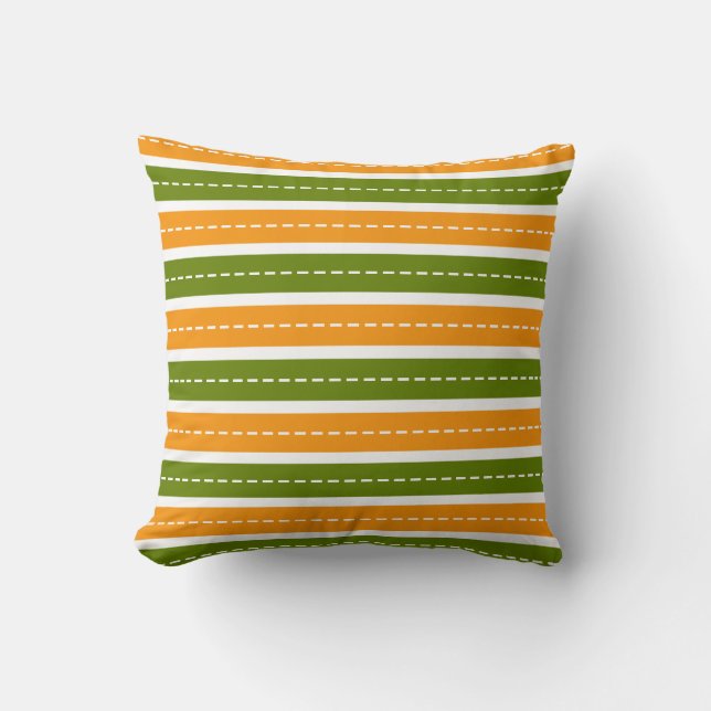 Modern Orange and Green Dashed Stripes Pattern Cushion (Front)