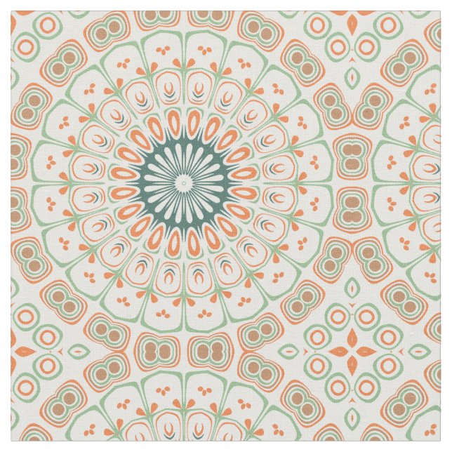 Modern Orange and Green Mandala Pattern Fabric (Close Up)