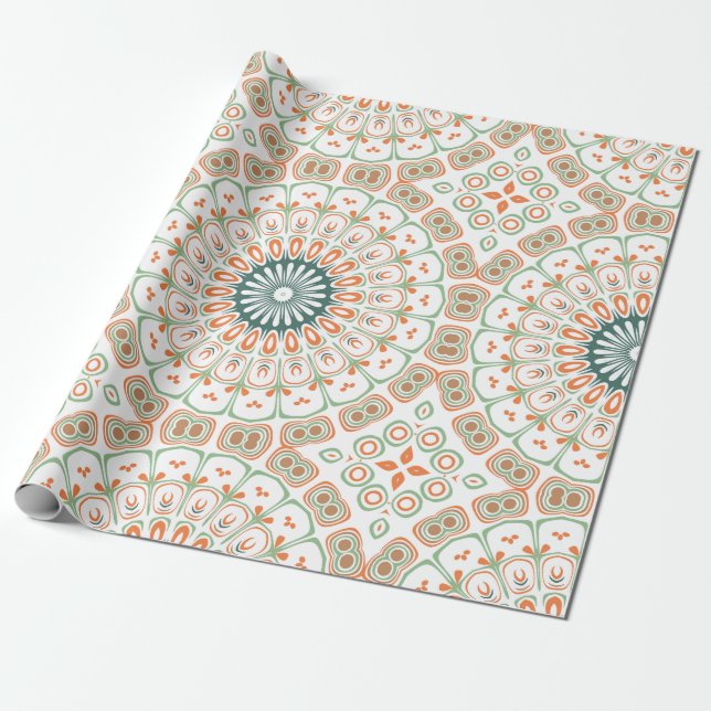 Modern Orange and Green Mandala Pattern Wrapping Paper (Unrolled)