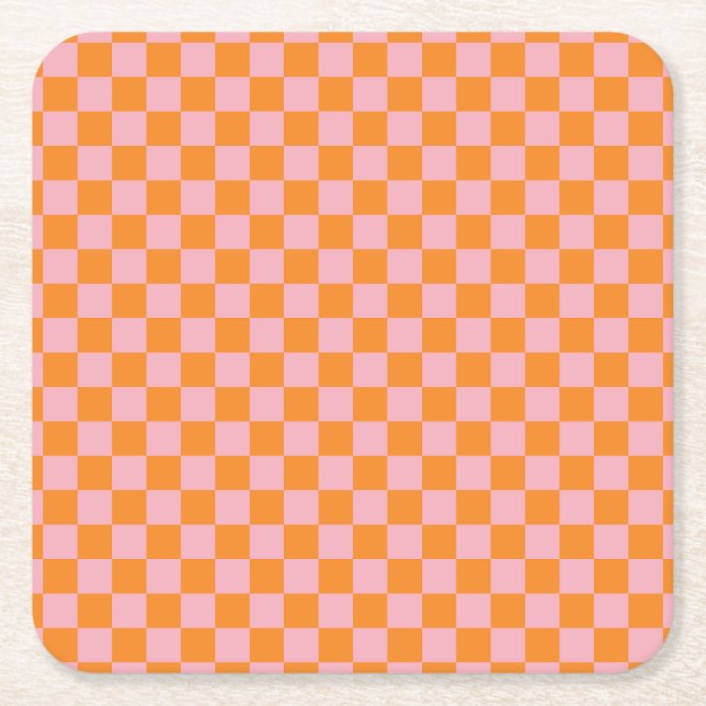Modern Orange and Pink Checkers Halloween  Square Paper Coaster (Front)