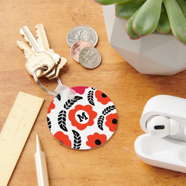Modern Orange and Red Floral Monogram Key Ring (Desk)