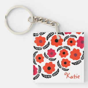 Modern Orange and Red Floral Personalised Key Ring