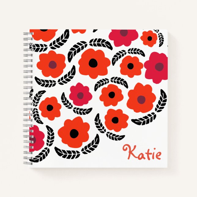 Modern Orange and Red Floral Personalised Notebook (Front)