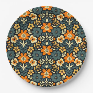 Modern Orange and Teal Floral Design Paper Plate
