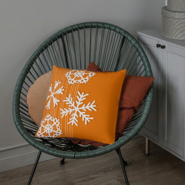 Modern orange and white Christmas white snowflakes Cushion (Creator Uploaded)