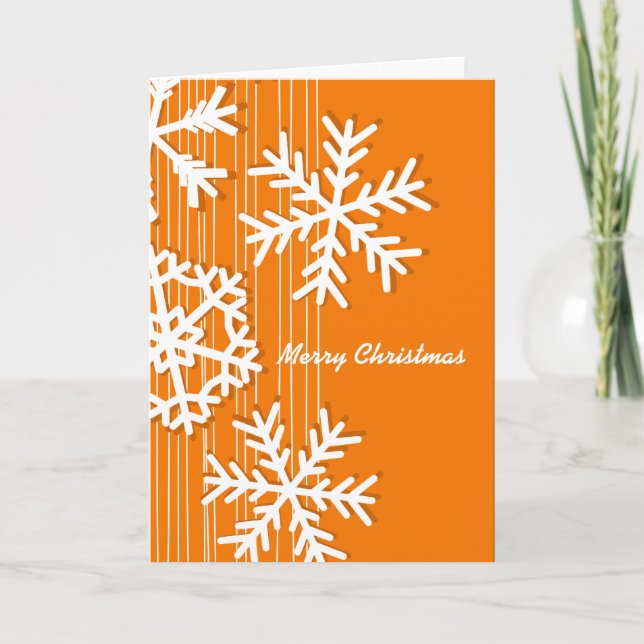Modern orange and white Christmas white snowflakes Holiday Card (Front)