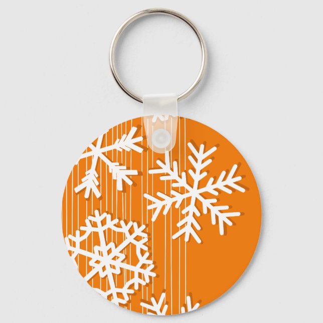 Modern orange and white Christmas white snowflakes Key Ring (Front)