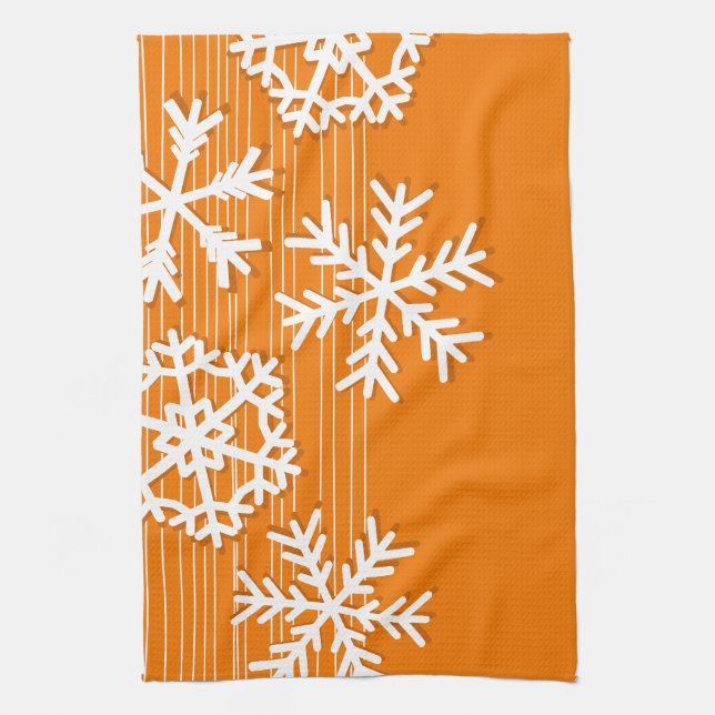 Modern orange and white Christmas white snowflakes Tea Towel (Vertical)