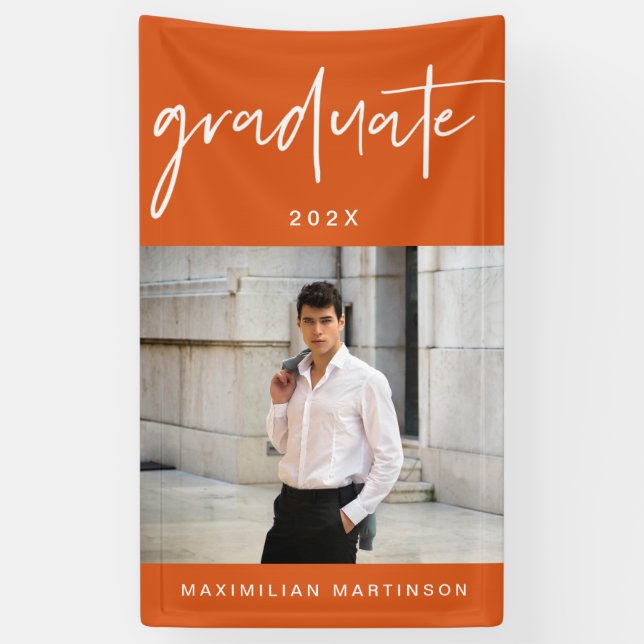 Modern Orange and White Graduate Script Photo Banner (Vertical)