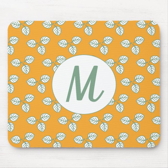 Modern Orange and White Leaf Pattern Monogram Mouse Pad (Front)