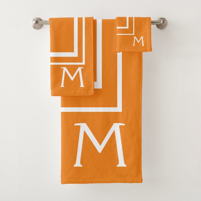 Modern Orange and White Monogram Bath Towel Set (Insitu)
