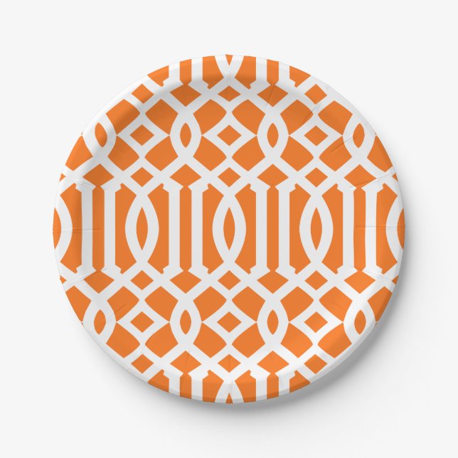 Modern Orange and White Trellis Pattern Paper Plate (Front)