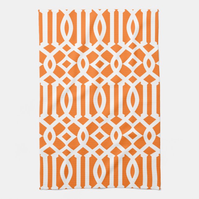 Modern Orange and White Trellis Pattern Tea Towel (Vertical)
