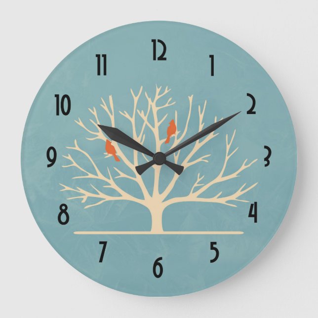 Modern Orange Birds in a Large Tree Illustration Clock (Front)