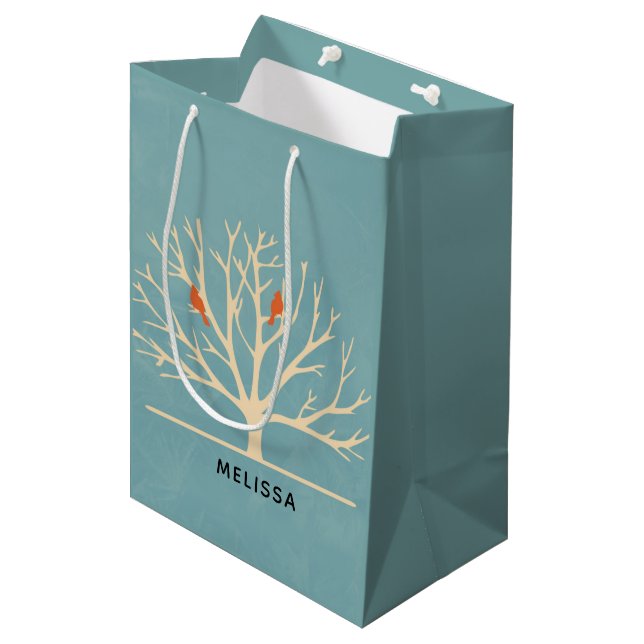 Modern Orange Birds in a Large Tree Illustration Medium Gift Bag (Front Angled)