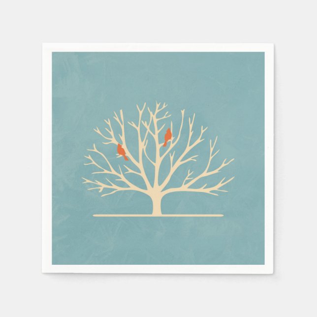 Modern Orange Birds in a Large Tree Illustration Napkin (Front)