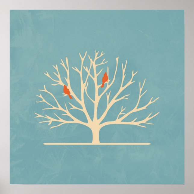 Modern Orange Birds in a Large Tree Illustration Poster (Front)