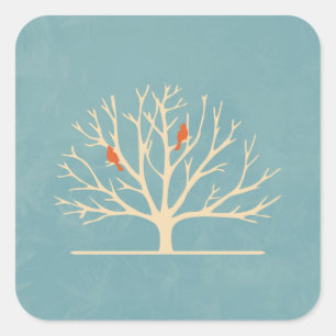 Modern Orange Birds in a Large Tree Illustration Square Sticker