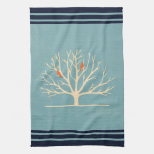 Modern Orange Birds in a Large Tree Illustration Tea Towel