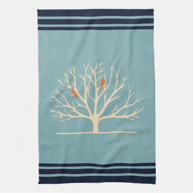 Modern Orange Birds in a Large Tree Illustration Tea Towel (Vertical)