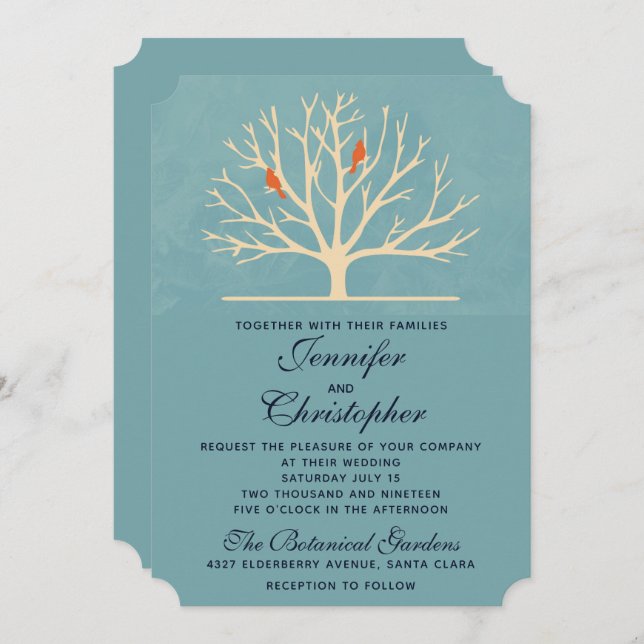 Modern Orange Birds in a Large Tree Wedding Invitation (Front/Back)