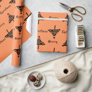 Modern Orange Black Christmas Tree Pattern Holiday Wrapping Paper