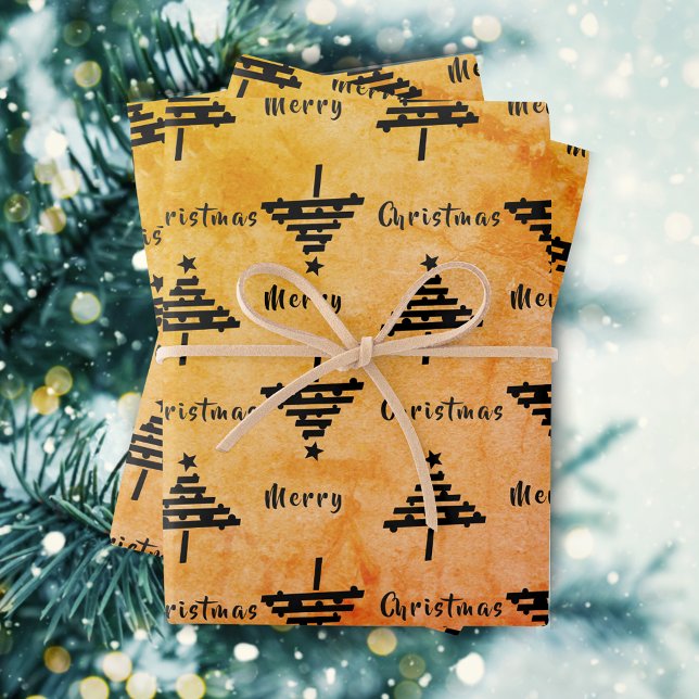 Modern Orange Black Christmas Tree Pattern Holiday Wrapping Paper Sheet (Creator Uploaded)