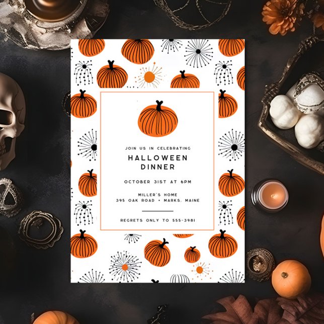 Modern Orange Black Pumpkin Halloween Dinner Party Invitation (Creator Uploaded)
