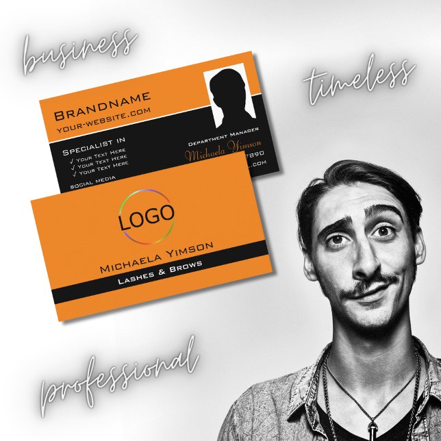 Modern Orange Black with Logo Photo Professional Business Card (Creator Uploaded)