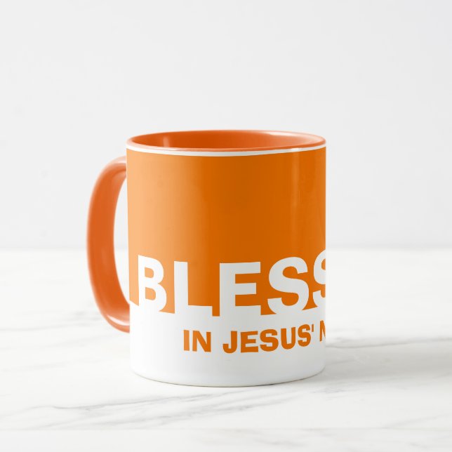 Modern Orange BLESSED In Jesus' Name Christian Mug (Front Left)