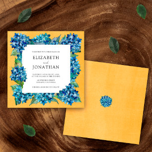 Modern Orange Blue Hydrangeas Watercolor Wedding Invitation