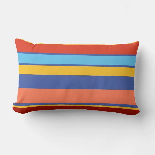 Modern Orange Blue Yellow Coral Stripes Beach Lumbar Cushion (Front)