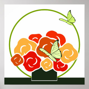 Modern Orange Bouquet & Green Butterflies Square  Poster