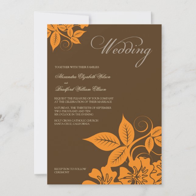 Modern Orange/Brown Floral Wedding Invitation (Front)