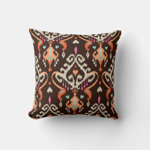 Modern orange brown girly ikat tribal pattern cushion