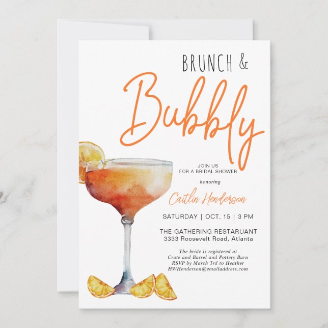 Modern Orange Brunch and Bubbly Bridal Shower  Invitation (Front)