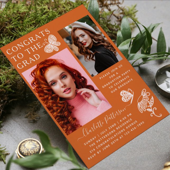 Modern Orange  Butterfly Photo Graduation Party Invitation (Creator Uploaded)