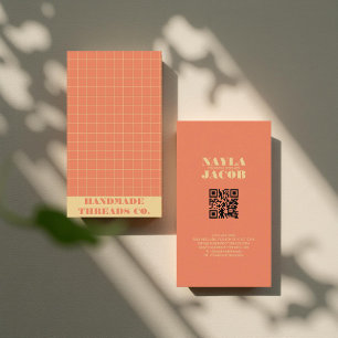 Modern Orange Chequered Pattern QR Code  Business Card