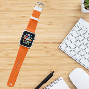 Modern Orange Chequered Pattern White Monogrammed Apple Watch Band