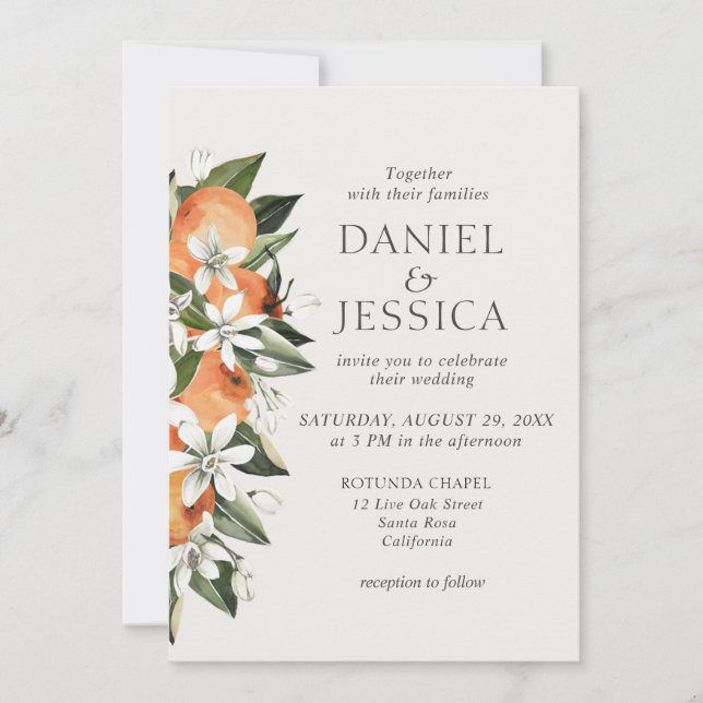 Modern Orange citrus blossom watercolor wedding Invitation (Front)