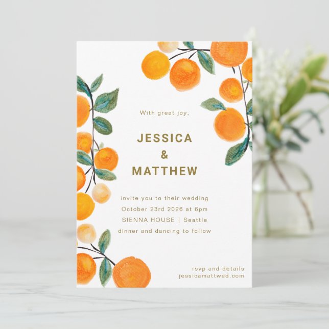 Modern Orange Citrus Fruit Simple Wedding Invitation (Standing Front)